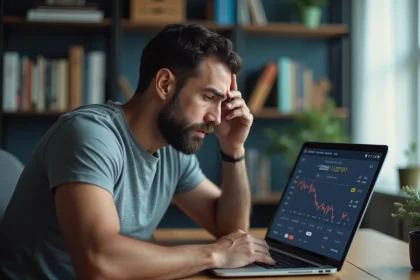 Homme frustré devant son ordinateur avec une erreur de retrait d'euros sur Binance