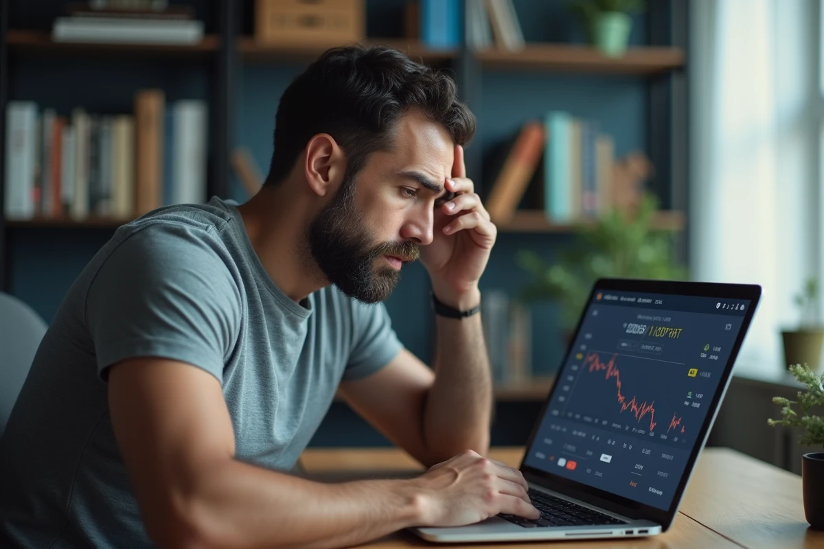 Homme frustré devant son ordinateur avec une erreur de retrait d'euros sur Binance