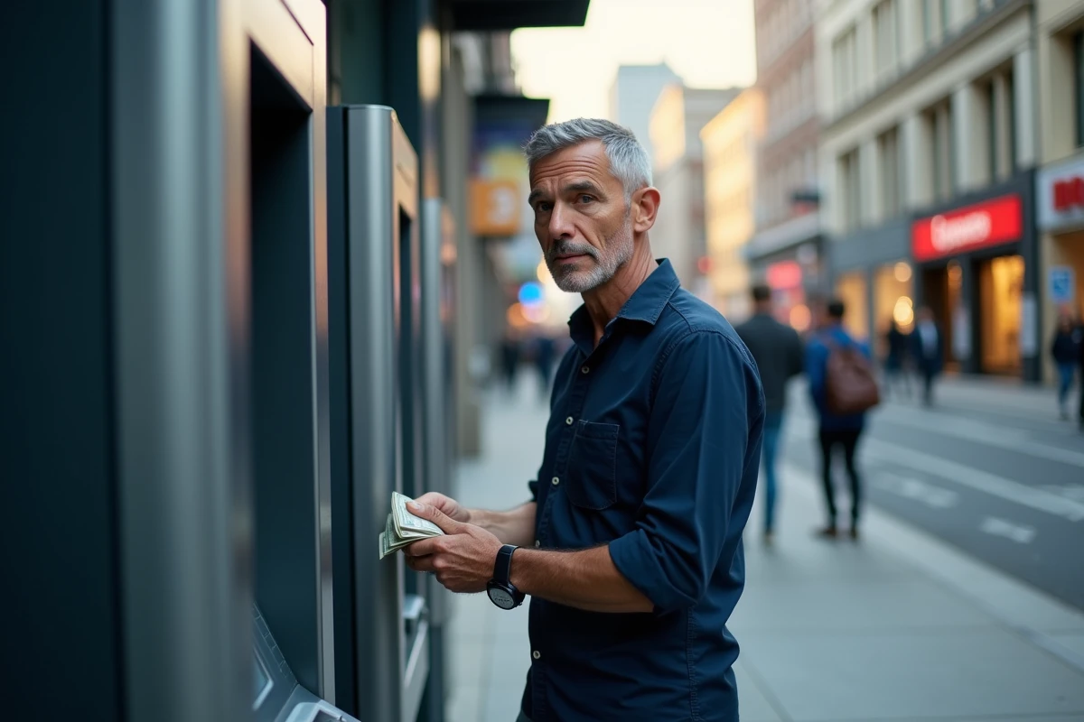 Homme rechargeant une carte prépayée en espèces dans un distributeur automatique en ville