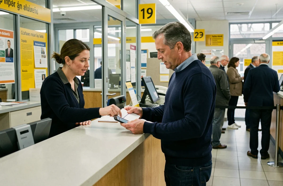 Homme déposant une réclamation au guichet d'un bureau de poste français concernant un courrier perdu adressé à La Banque Postale