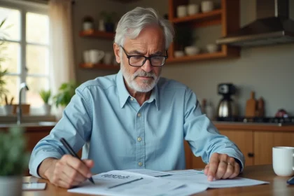 Homme senior examinant des documents de planification de retraite à une table de cuisine en bois