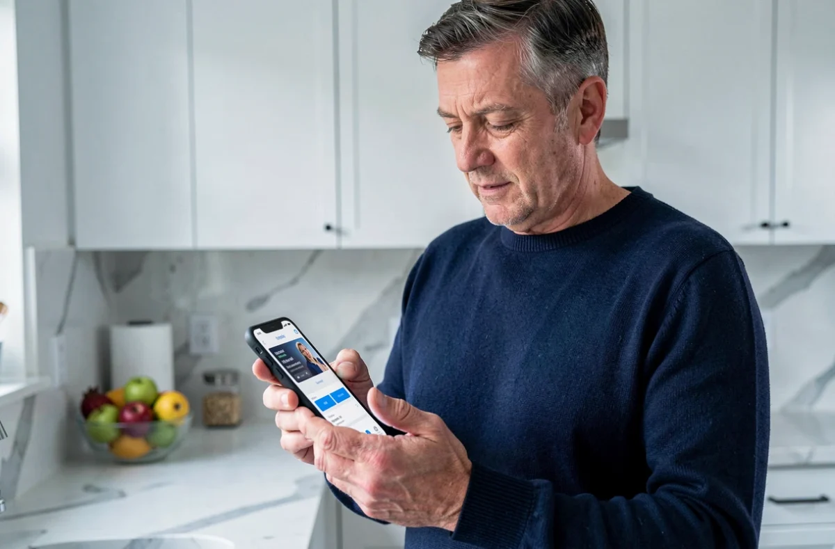 Homme consultant ses services bancaires LCL sur smartphone dans une cuisine moderne
