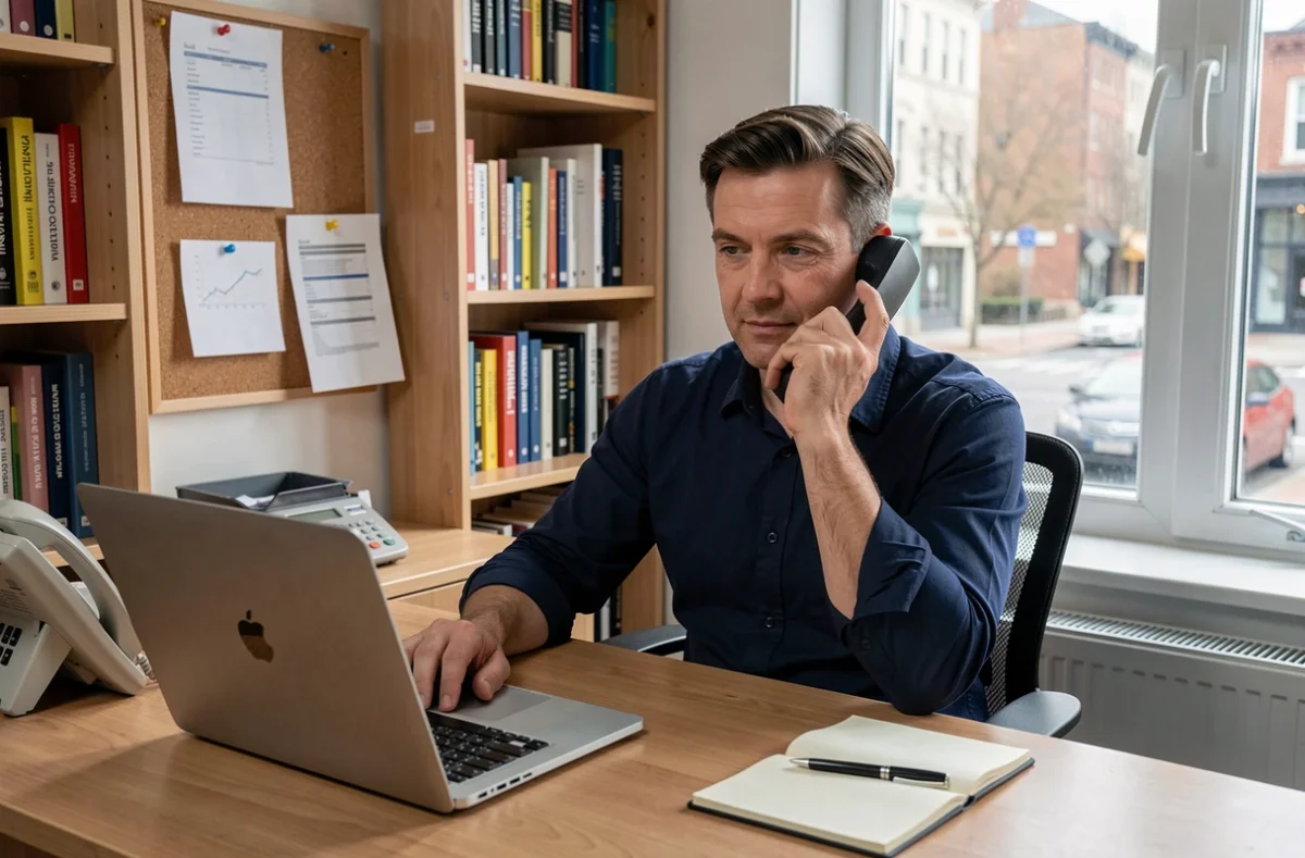 Homme au téléphone avec le service Cofidis depuis son bureau à domicile