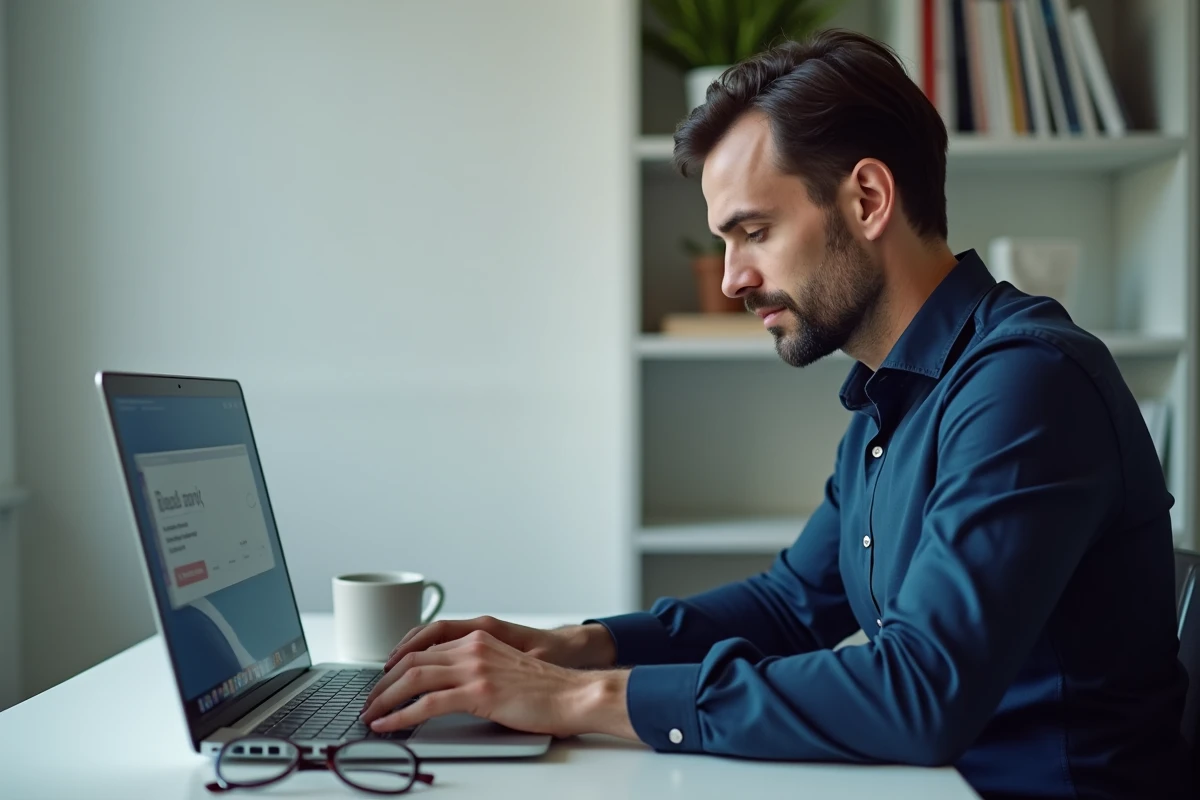 Homme effectuant un virement bancaire sans frais depuis son ordinateur portable au bureau à domicile