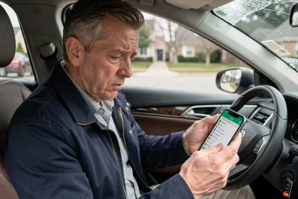 Homme assis dans une voiture accidentée consultant les numéros d'urgence ACM IARD sur son smartphone