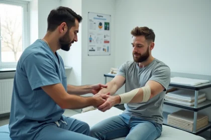 Physiothérapeute appliquant une attelle rigide sur l'avant-bras d'un patient en cabinet médical, illustrant une immobilisation orthopédique