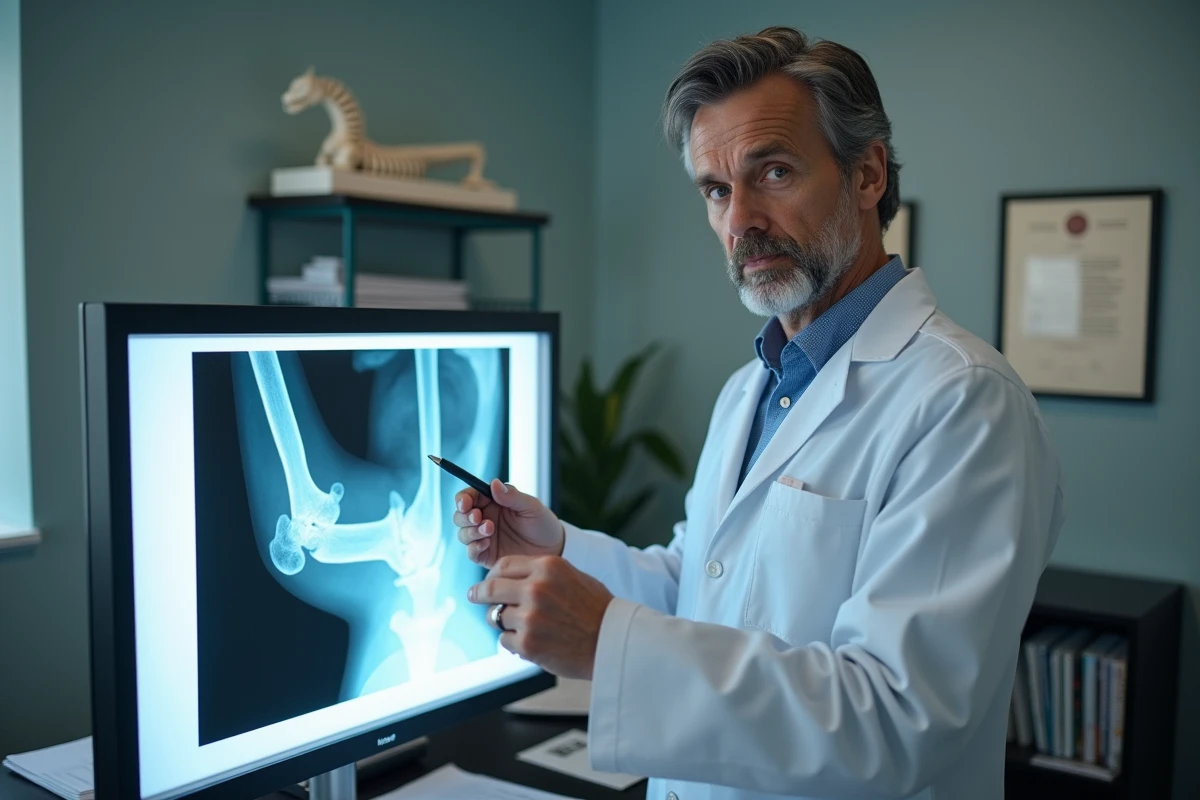 Chirurgien orthopédiste analysant une radiographie montrant une fixation interne, illustrant l'immobilisation chirurgicale par ostéosynthèse