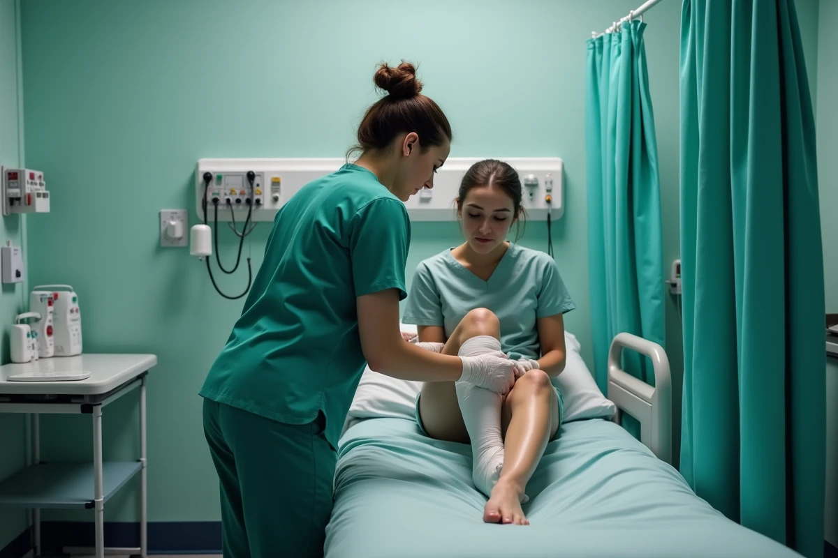 Infirmière aux urgences posant un plâtre sur la jambe d'une patiente, représentant une immobilisation par plâtre en milieu hospitalier