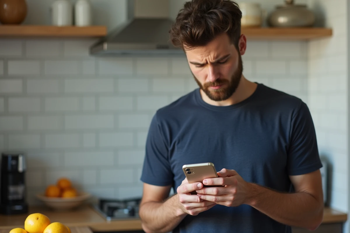 Jeune homme découvrant la suspension de son compte PayPal sur son smartphone dans sa cuisine
