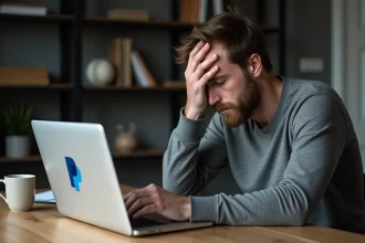 Homme frustré face à une erreur de transaction PayPal sur son ordinateur portable à son bureau à domicile