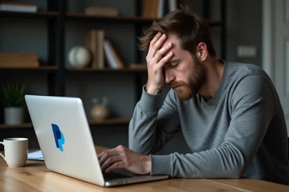 Homme frustré face à une erreur de transaction PayPal sur son ordinateur portable à son bureau à domicile