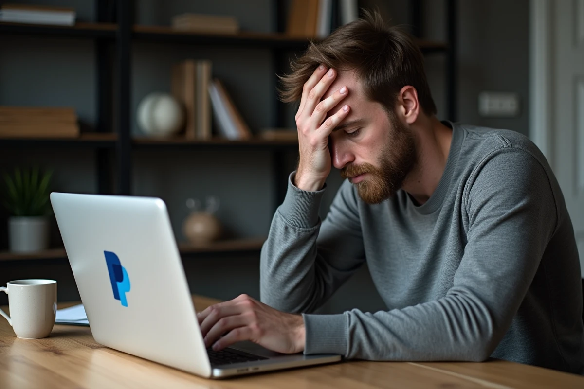 Homme frustré face à une erreur de transaction PayPal sur son ordinateur portable à son bureau à domicile