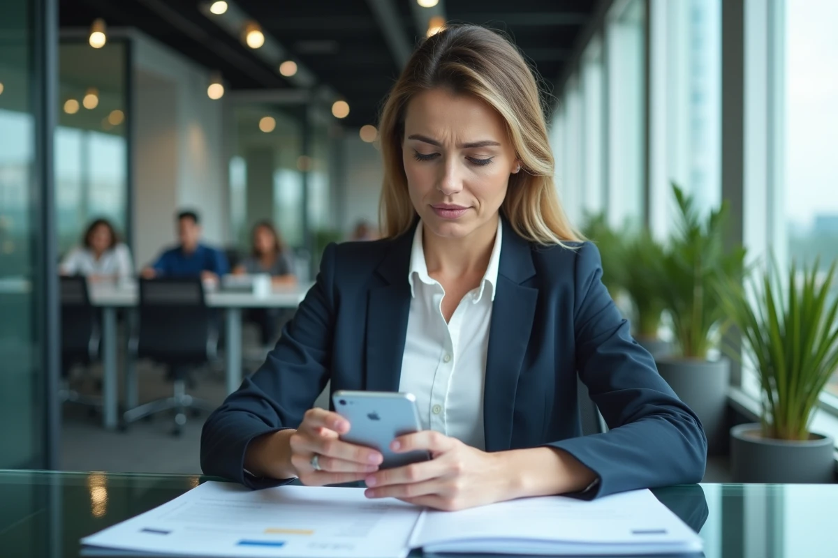 Femme d'affaires vérifiant ses frais PayPal sur smartphone avec un relevé bancaire imprimé dans un bureau