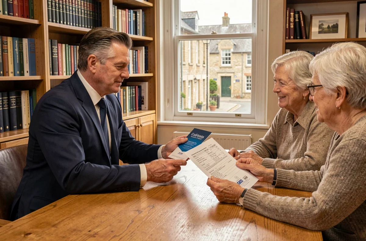 Conseiller IN&FI Crédits Calvados présentant une offre de crédit immobilier à un couple dans un bureau chaleureux