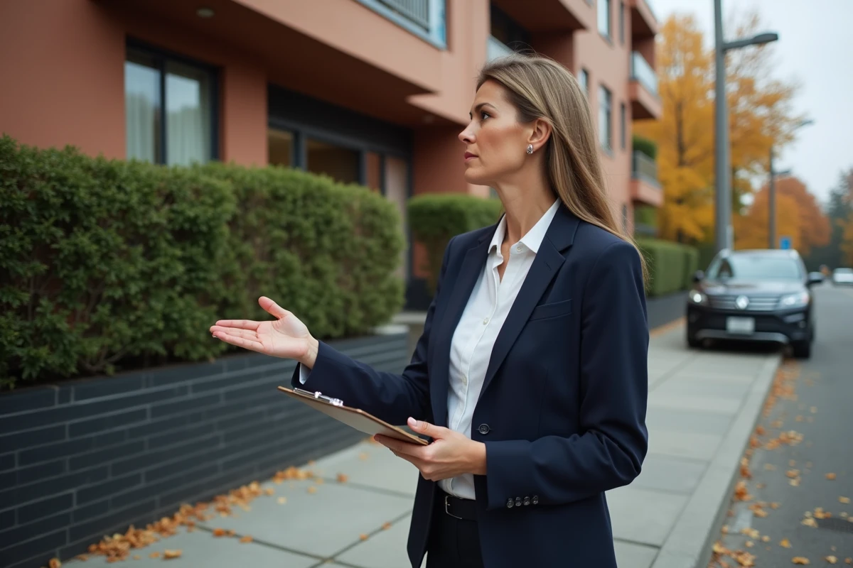 Femme inspectant un immeuble locatif pour évaluer un investissement immobilier