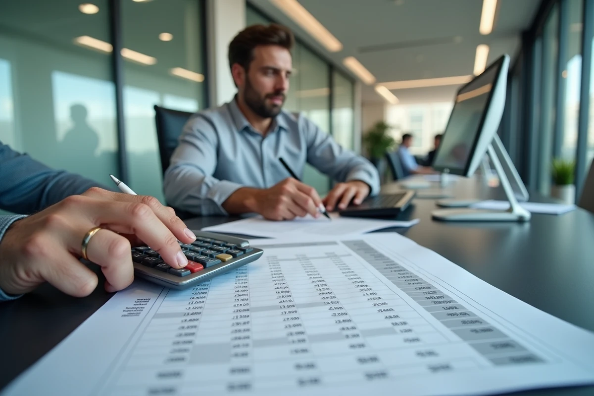 Conseiller bancaire calculant les intérêts de pénalité d'un prêt avec calculatrice et tableau d'amortissement