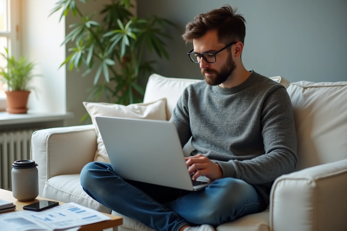 Jeune investisseur particulier analysant des données boursières sur un ordinateur portable chez lui