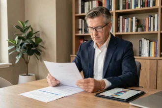 Investisseur masculin analysant des documents de SCPI sur un bureau moderne à domicile