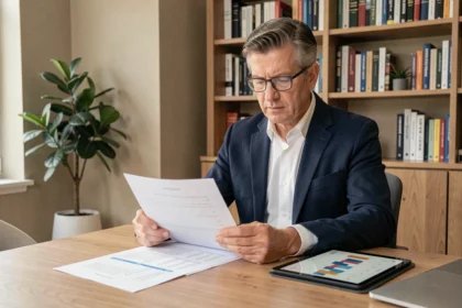 Investisseur masculin analysant des documents de SCPI sur un bureau moderne à domicile