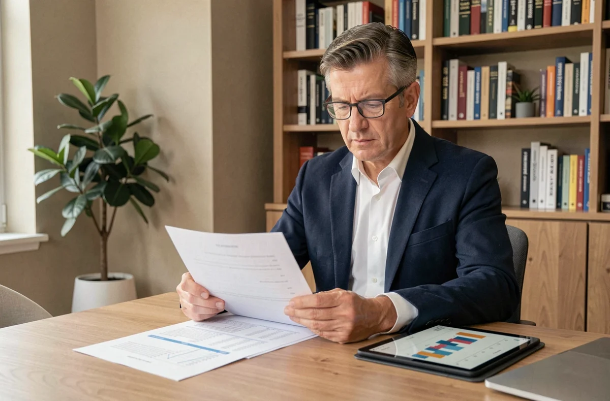 Investisseur masculin analysant des documents de SCPI sur un bureau moderne à domicile