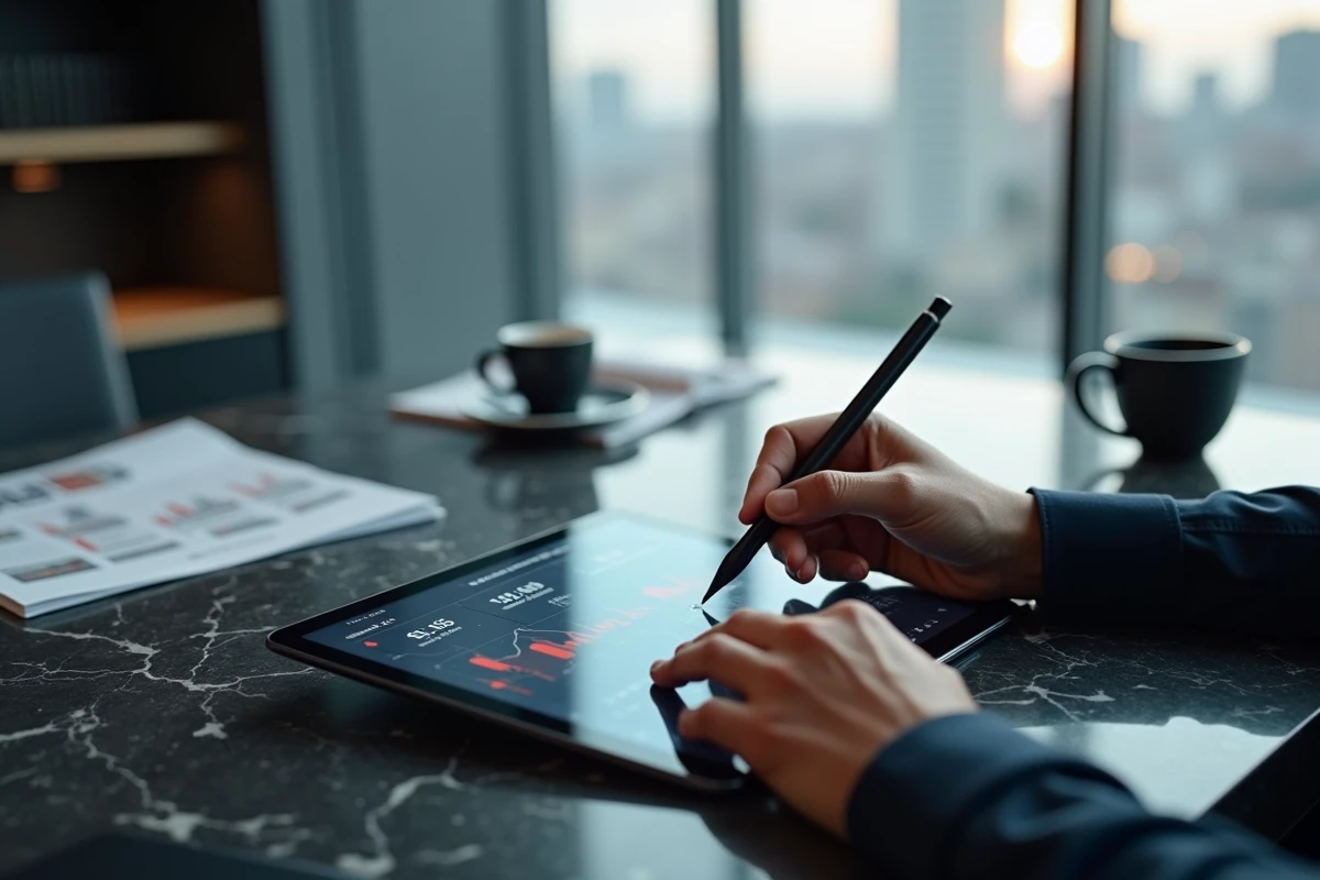 Mains d'un investisseur consultant un tableau de bord boursier sur tablette pour choisir des actions PEA