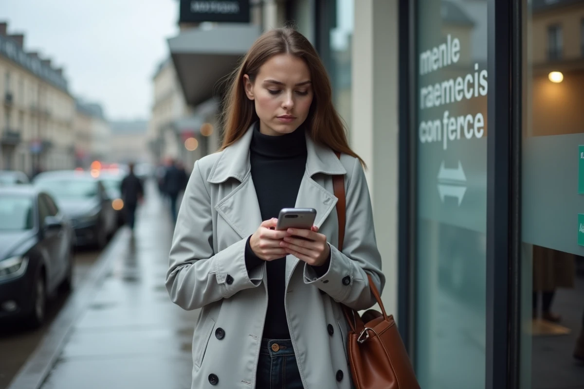 Jeune femme devant une agence Pôle Emploi consultant son téléphone pour réactiver ses droits chômage
