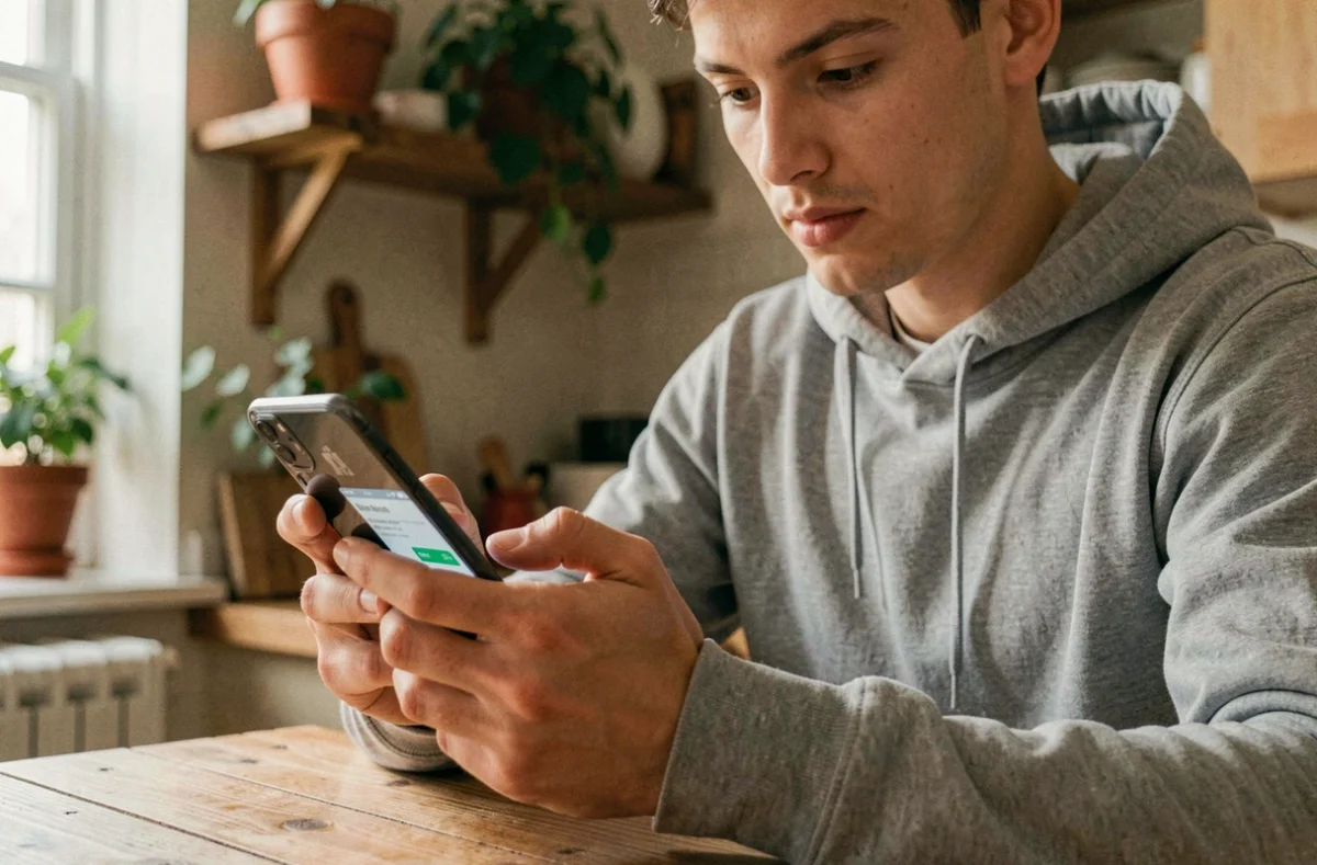 Jeune homme utilisant une application mobile Nickel pour déposer des espèces depuis chez lui