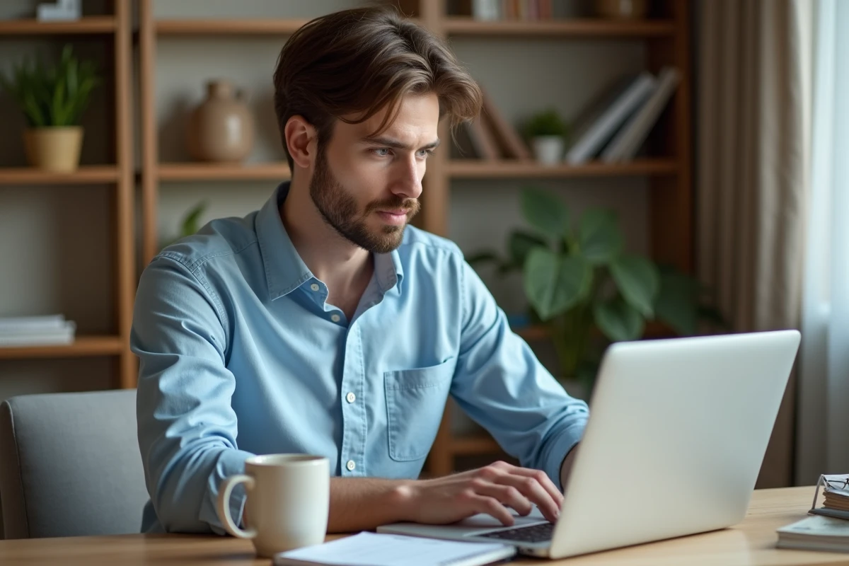 Jeune investisseur consultant une plateforme d'investissement en ligne pour souscrire un PEA-PME depuis son domicile