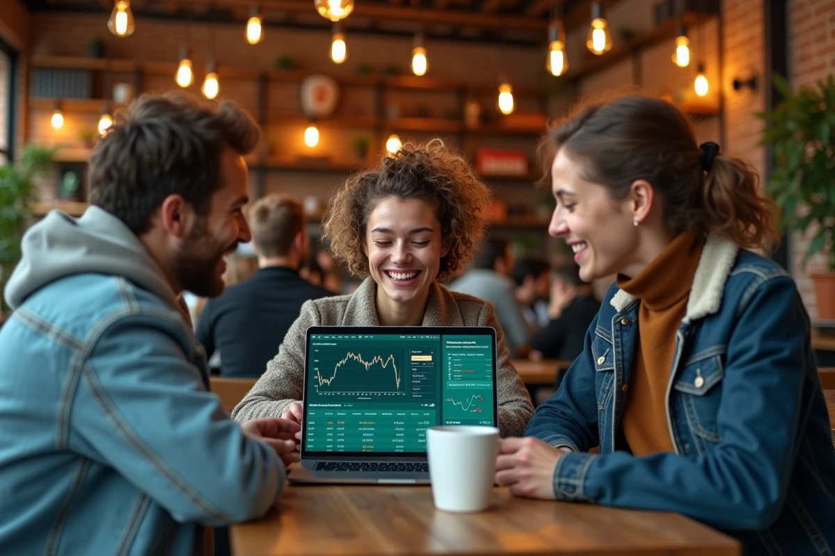 Groupe de jeunes professionnels discutant de finance décentralisée et de cryptomonnaie dans un café moderne