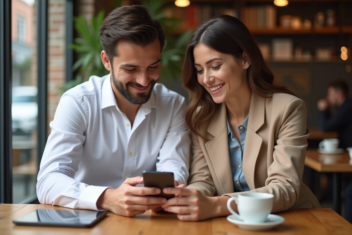 Deux jeunes professionnels discutent d'un investissement fintech sur une application mobile dans un café urbain