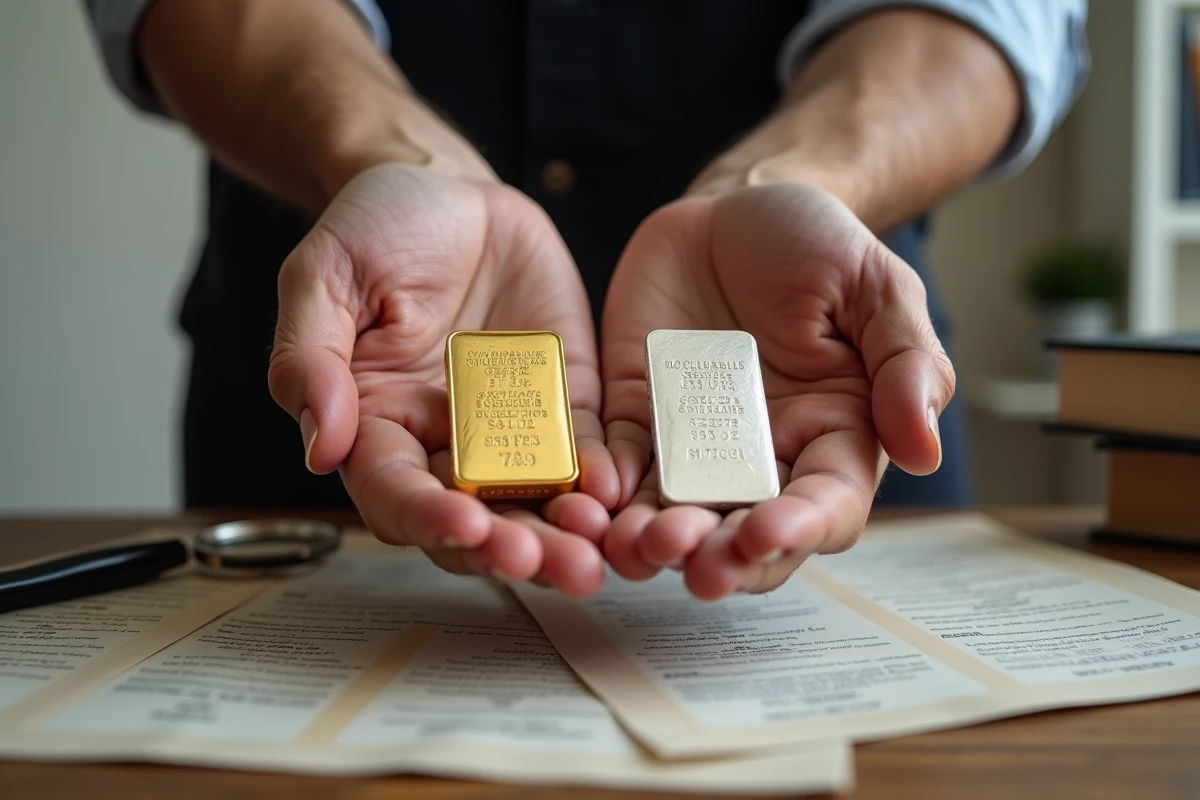 Mains tenant un lingot d'or et un lingot d'argent côte à côte au-dessus d'un bureau en bois avec certificats