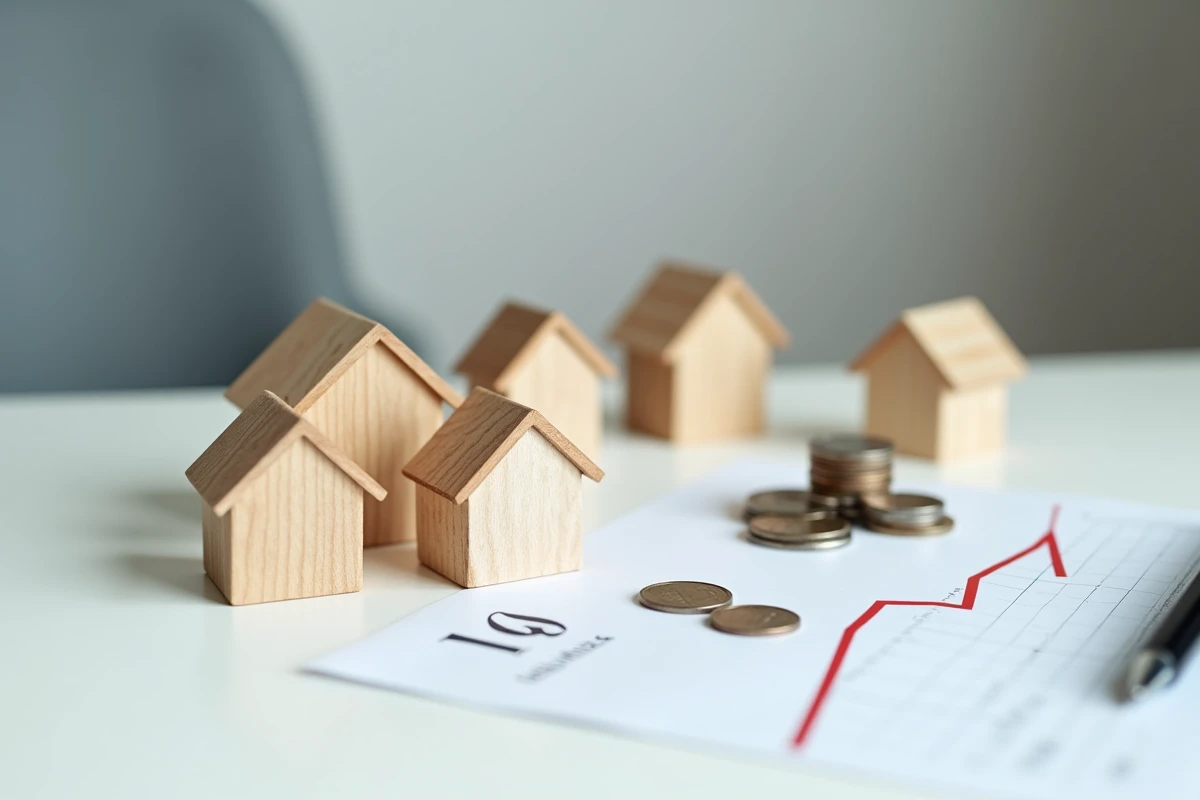 Maquette de maison en bois déséquilibrée symbolisant l'instabilité du marché immobilier