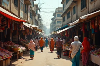 Marché de rue animé dans une ville d'un pays émergent avec vendeurs et acheteurs en vêtements colorés