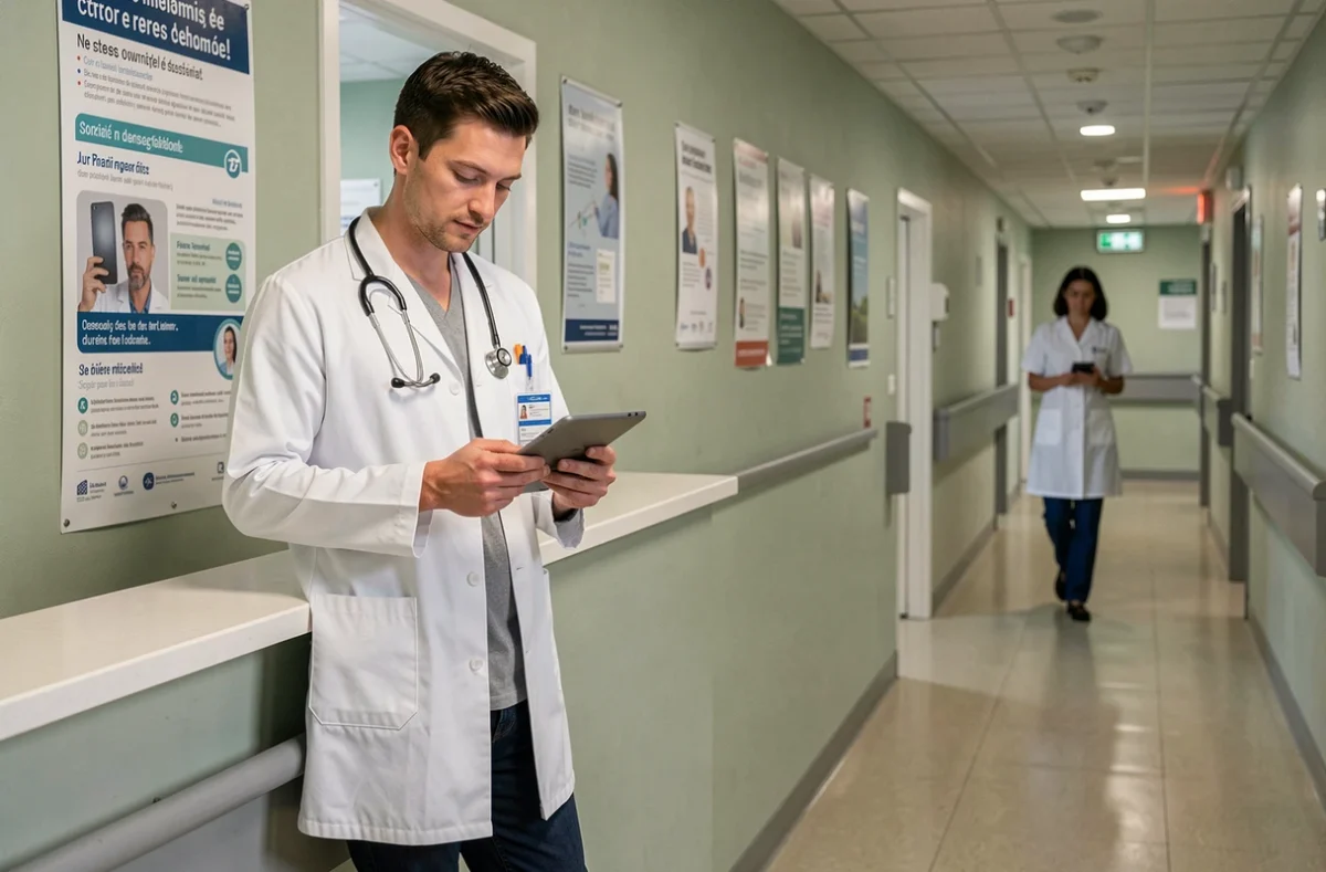 Médecin hospitalier consultant une tablette dans un couloir d'hôpital public français, représentant les professions de santé et leur rémunération
