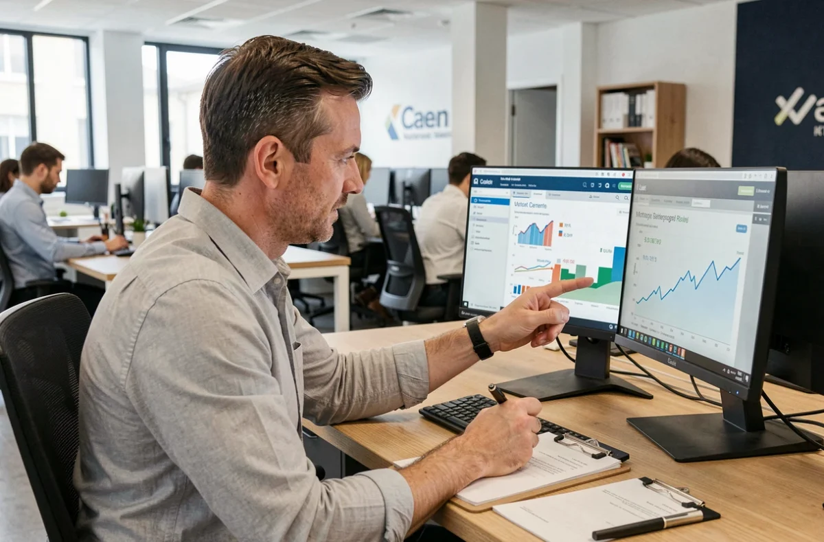 Conseiller Meilleurtaux Caen analysant les taux de crédit immobilier sur ordinateur dans un bureau moderne