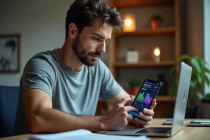 Homme tenant un smartphone affichant une application de minage de cryptomonnaie à son bureau à domicile