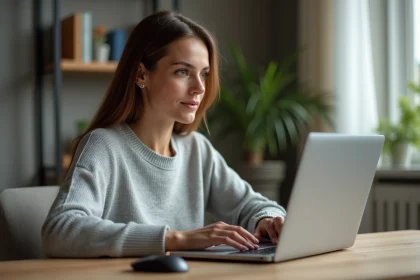 Femme configurant un programme de cashback sur son ordinateur portable depuis son bureau à domicile