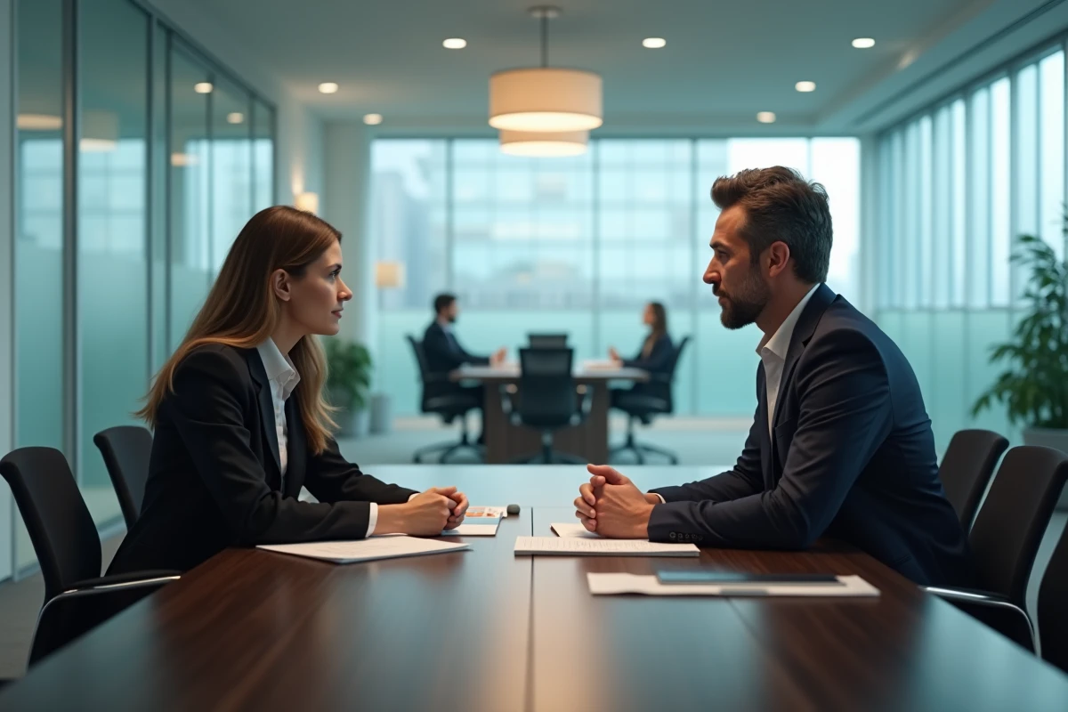 Entretien d'évaluation et négociation salariale entre deux professionnels dans une salle de réunion KPMG