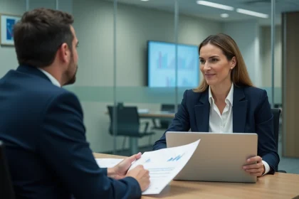 Une femme professionnelle en blazer marine négocie un taux d'intérêt avec un conseiller bancaire dans une salle de réunion moderne