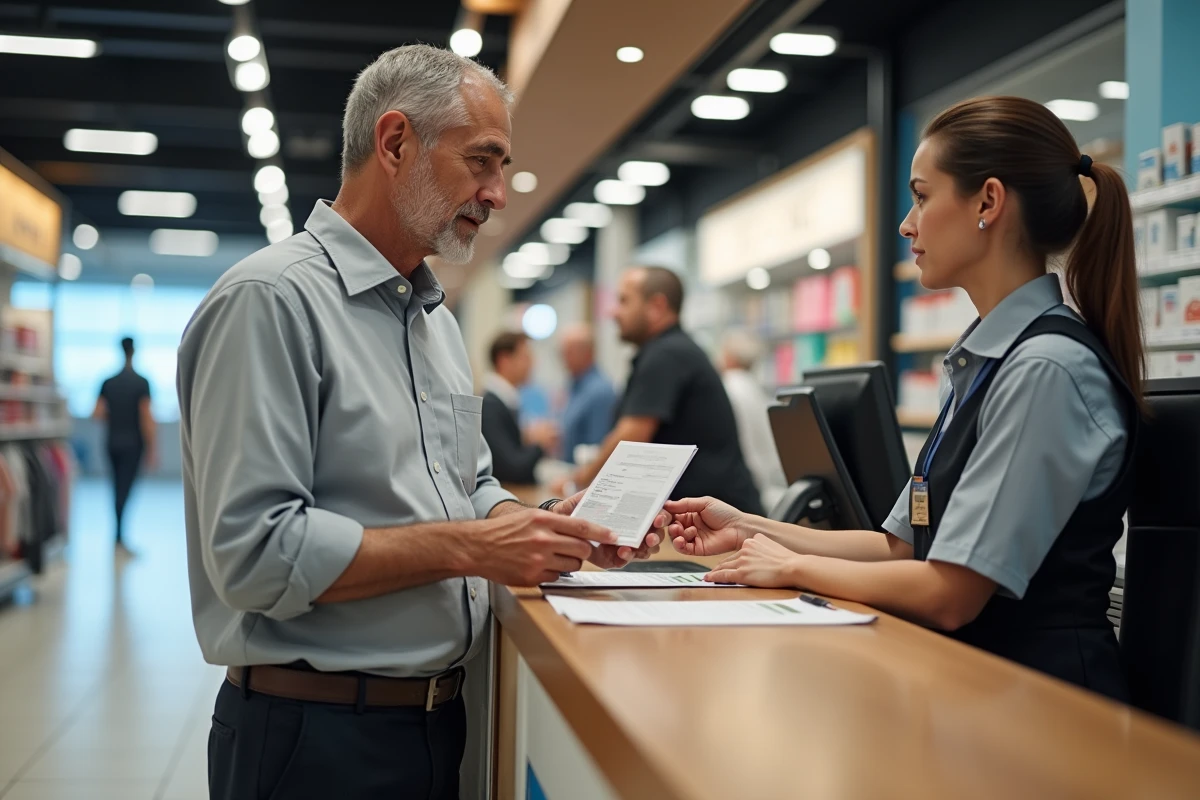 Homme demandant une carte de réduction au guichet d'un magasin avec un employé