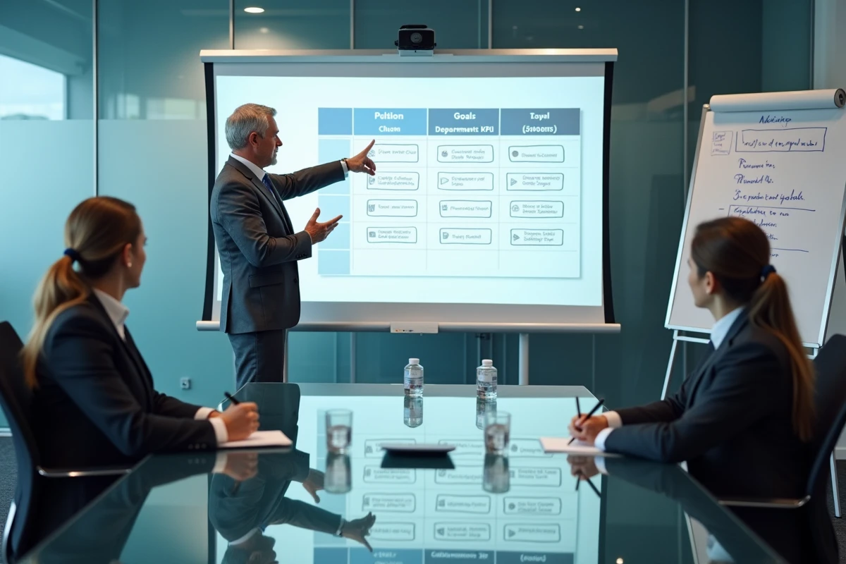 Un dirigeant présentant un organigramme structuré et des objectifs mesurables à son équipe dans une salle de réunion moderne