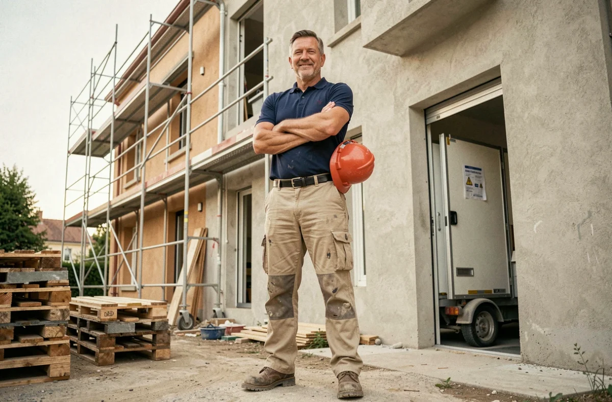 Ouvrier qualifié du bâtiment devant un chantier de construction résidentiel en France, illustrant les métiers manuels et les salaires