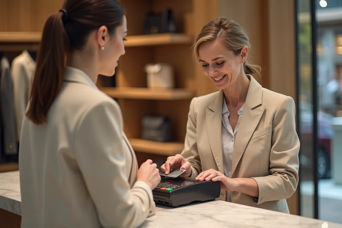 Femme effectuant un paiement sans contact avec une carte American Express dans une boutique haut de gamme