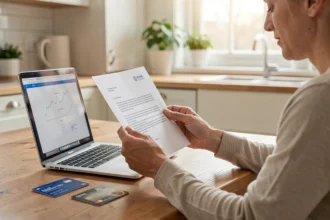 Personne lisant un courrier de sa banque à la table de sa cuisine