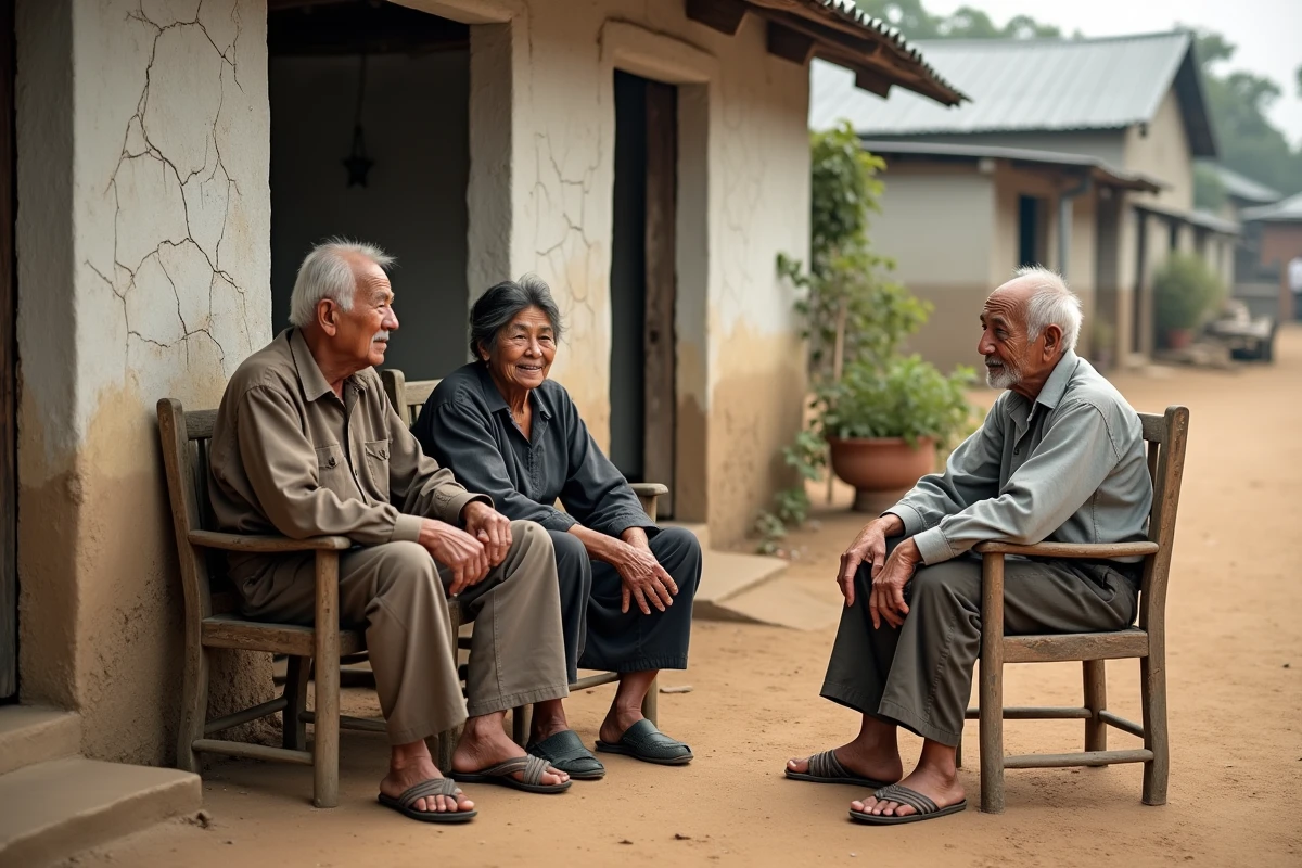 Groupe de personnes âgées discutant dans un village d'un pays sans système de retraite formalisé