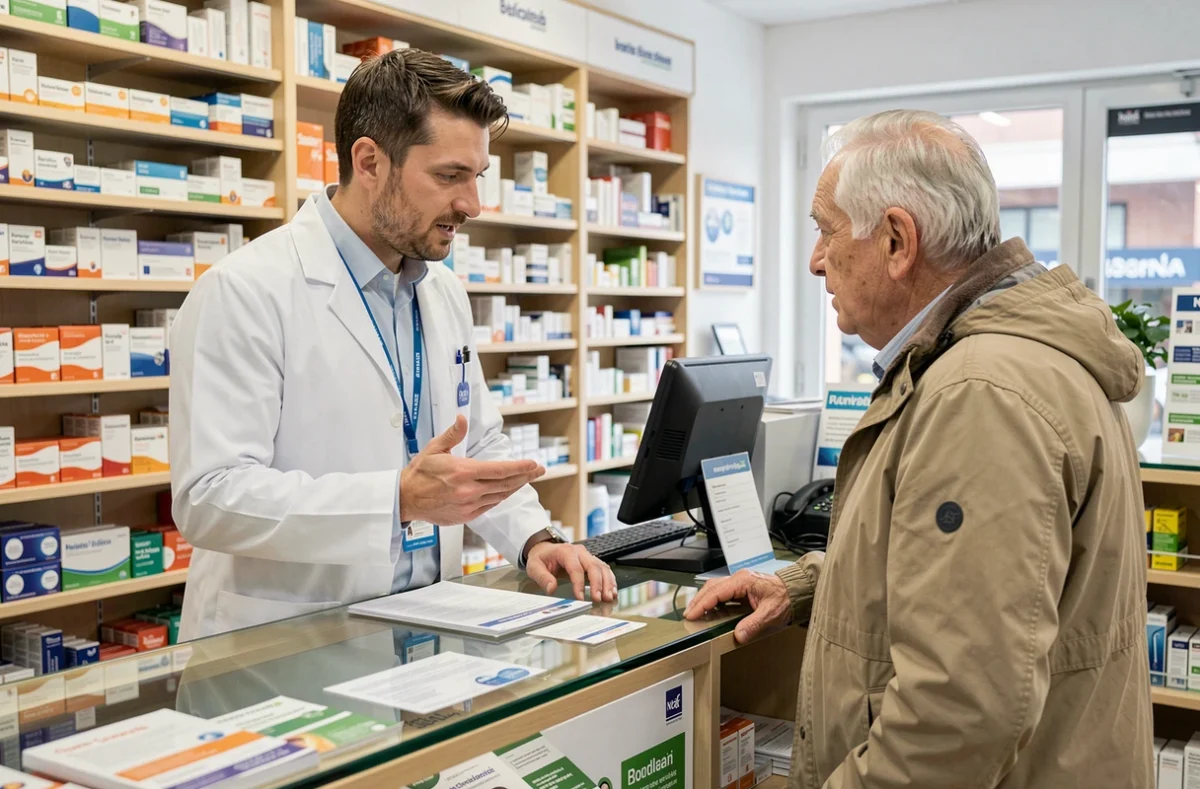 Pharmacien expliquant les options de couverture santé CSS et mutuelle complémentaire à un patient âgé dans une pharmacie française