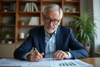 Homme d'affaires consultant un portfolio d'épargne sécurisée dans un bureau à domicile moderne
