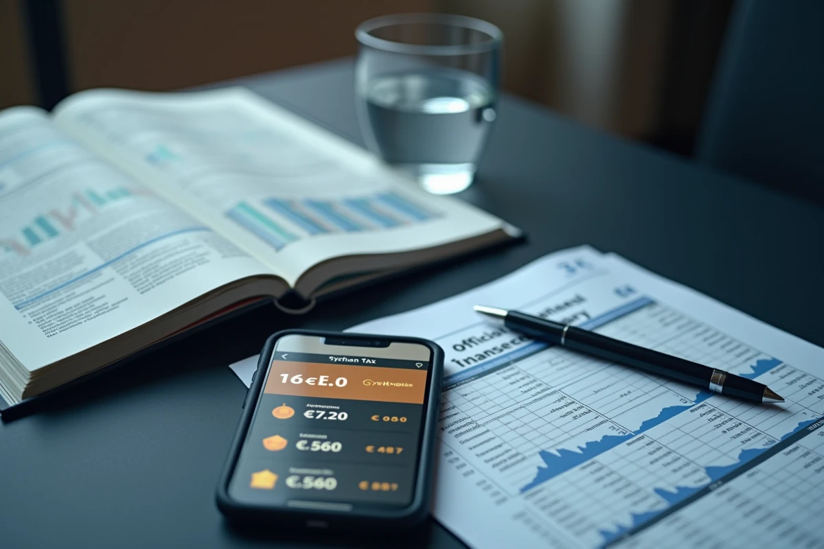 Téléphone affichant un portefeuille de cryptomonnaies posé à côté d'un livret fiscal officiel et d'un historique de transactions blockchain