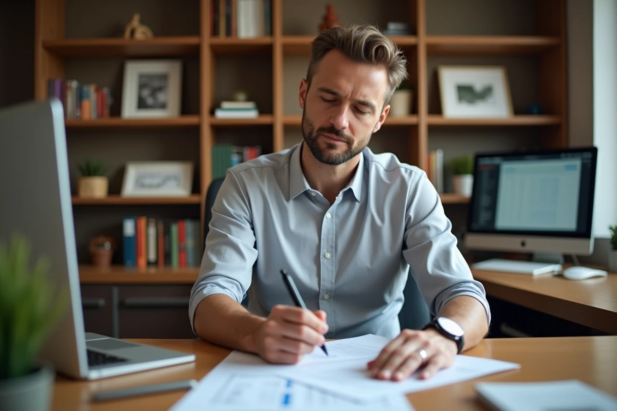 Un homme d'affaires analyse des documents de prêt bancaire pour préparer une négociation de taux d'intérêt à son bureau à domicile
