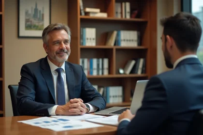 Conseiller financier privé discutant d'un prêt avec un client dans un bureau professionnel